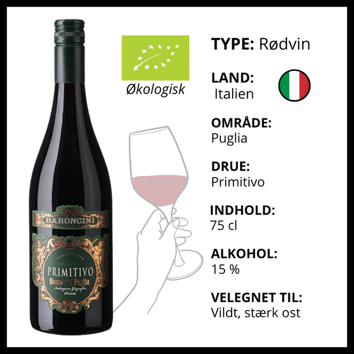 Rødvin, Baroncini - Primitivo Puglia IGP ØKO (Italien)