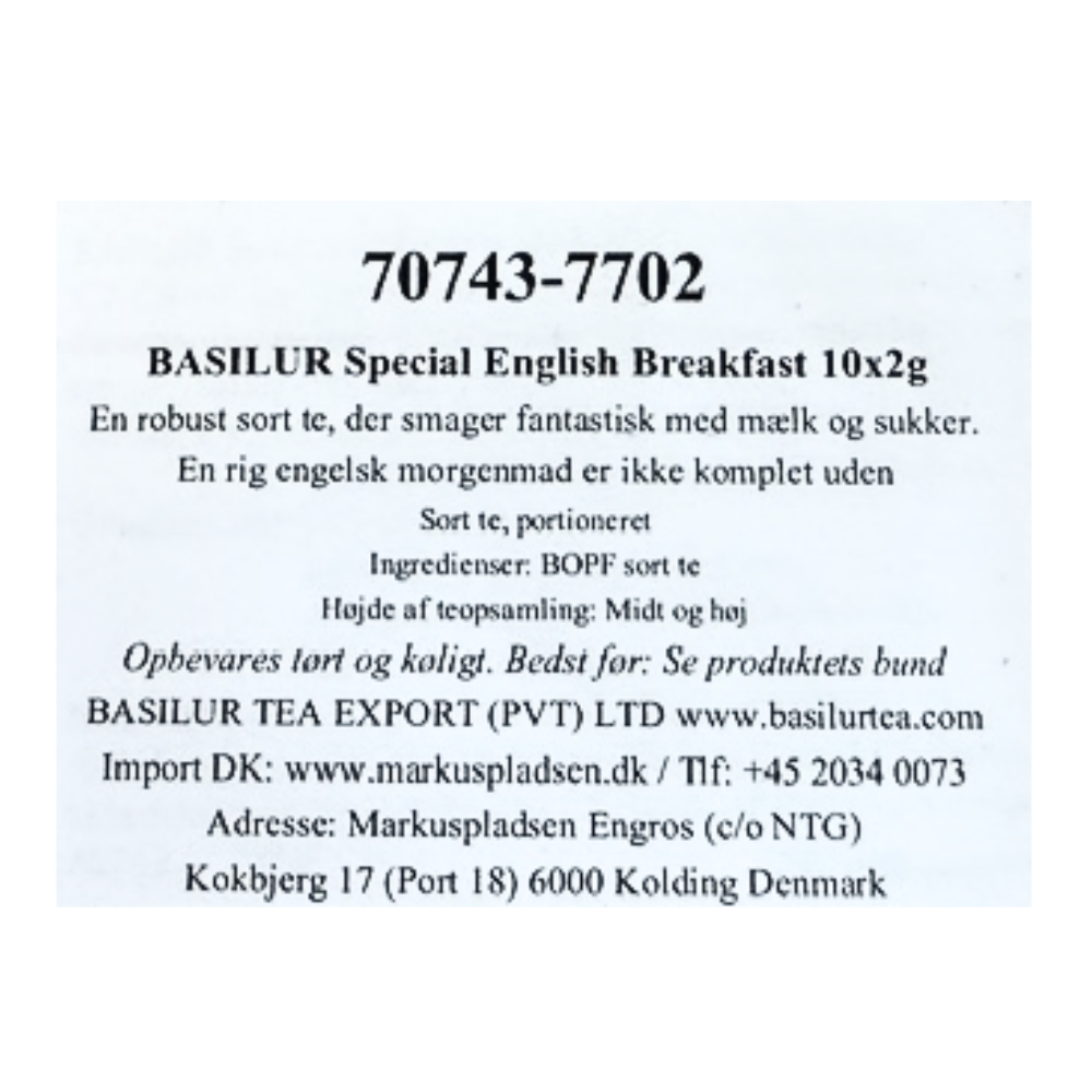 Ingrediensliste og produktbeskrivelse af Basilur Special English Breakfast sort te.