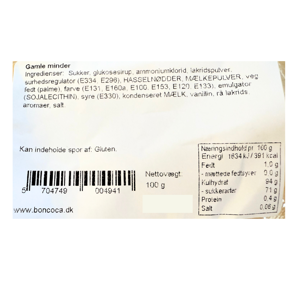 Ingrediensliste og næringsindhold for Blåvand Bolcher Gamle Minder varianten.