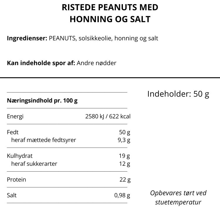 Næringsindhold og ingrediensliste for ristede peanuts med honning og salt fra BonCoca.