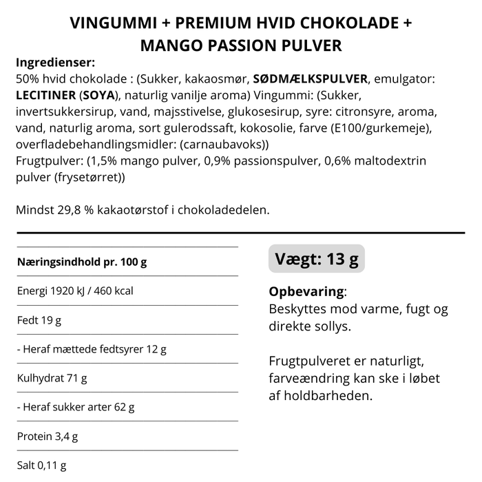 STORKØB, Vingummi med passionsfrugt, mango, hvid chokolade og lakridspulver. Flowpack - Box the original (50 stk.)