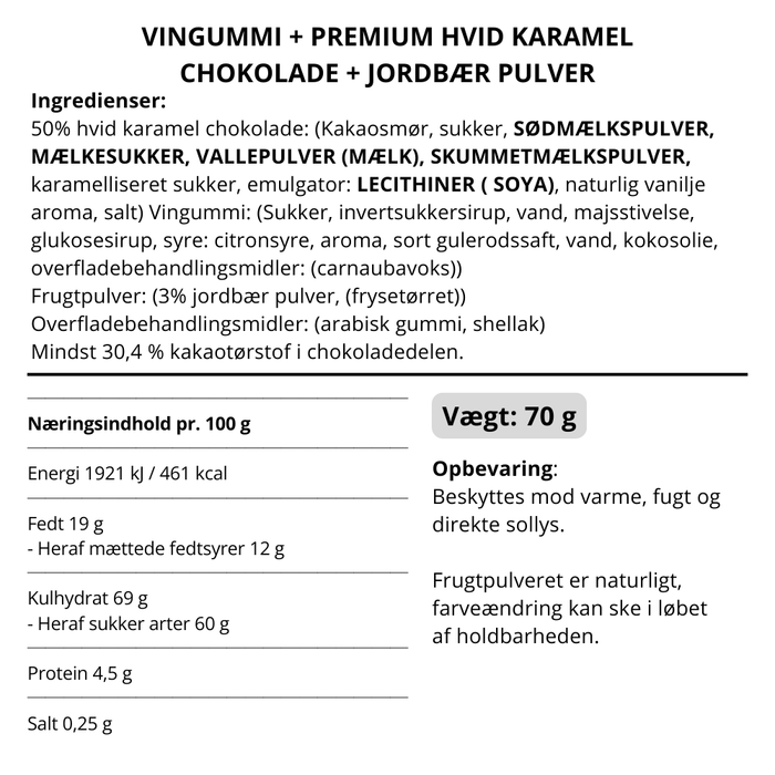 Vingummi med karamel chokolade og jordbær. Snack pack - Box the original