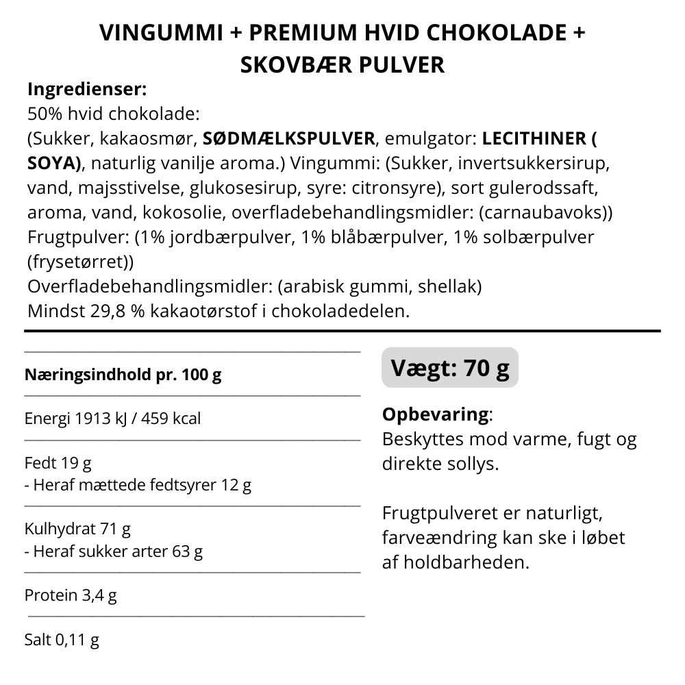 Vingummi med hvid chokolade og vilde bær. Snack pack - Box the original