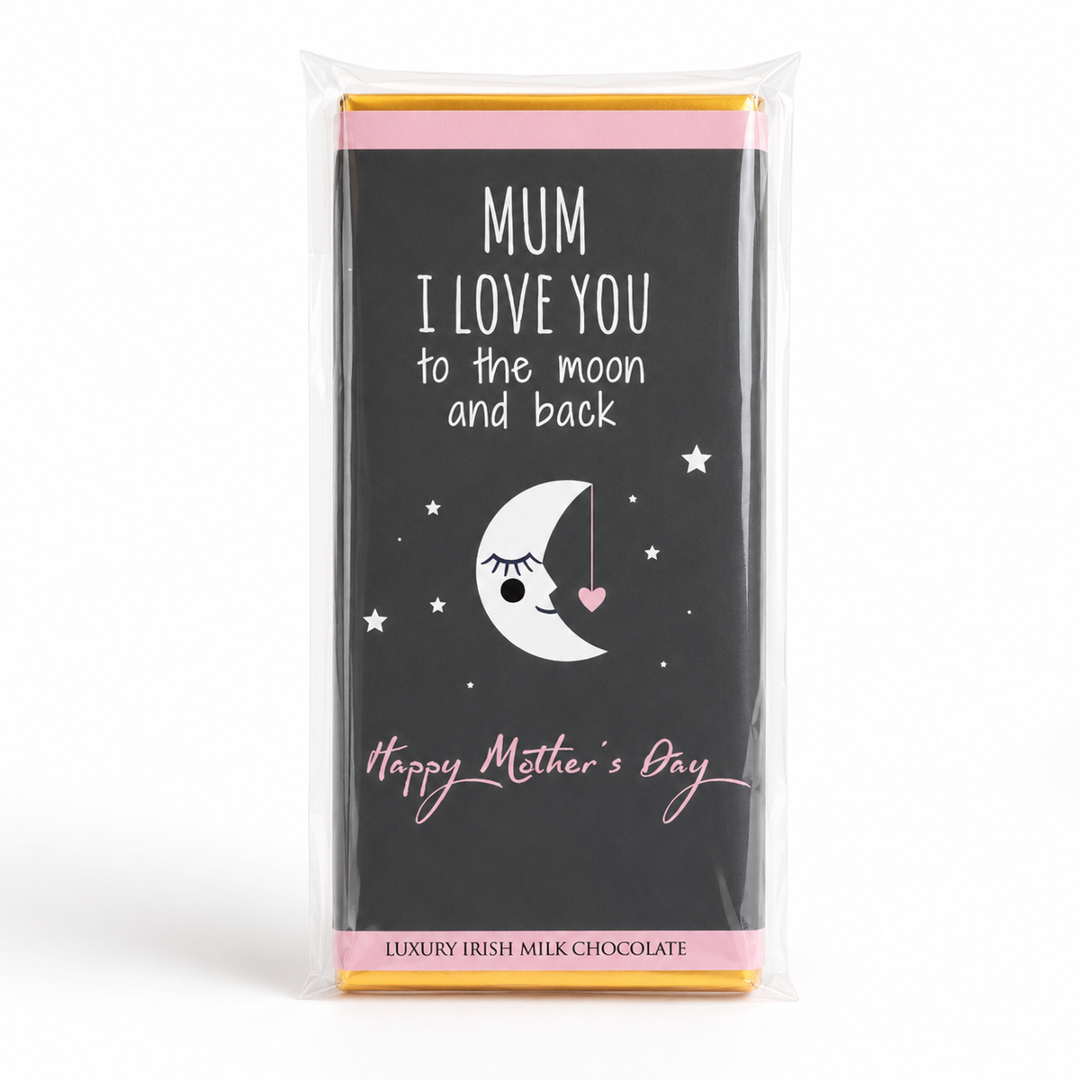 Budskabschokolade “Mum, I love you to the moon and back” med belgisk mælkechokolade og elegant mors dags-design med måne, stjerner og lyserøde detaljer.