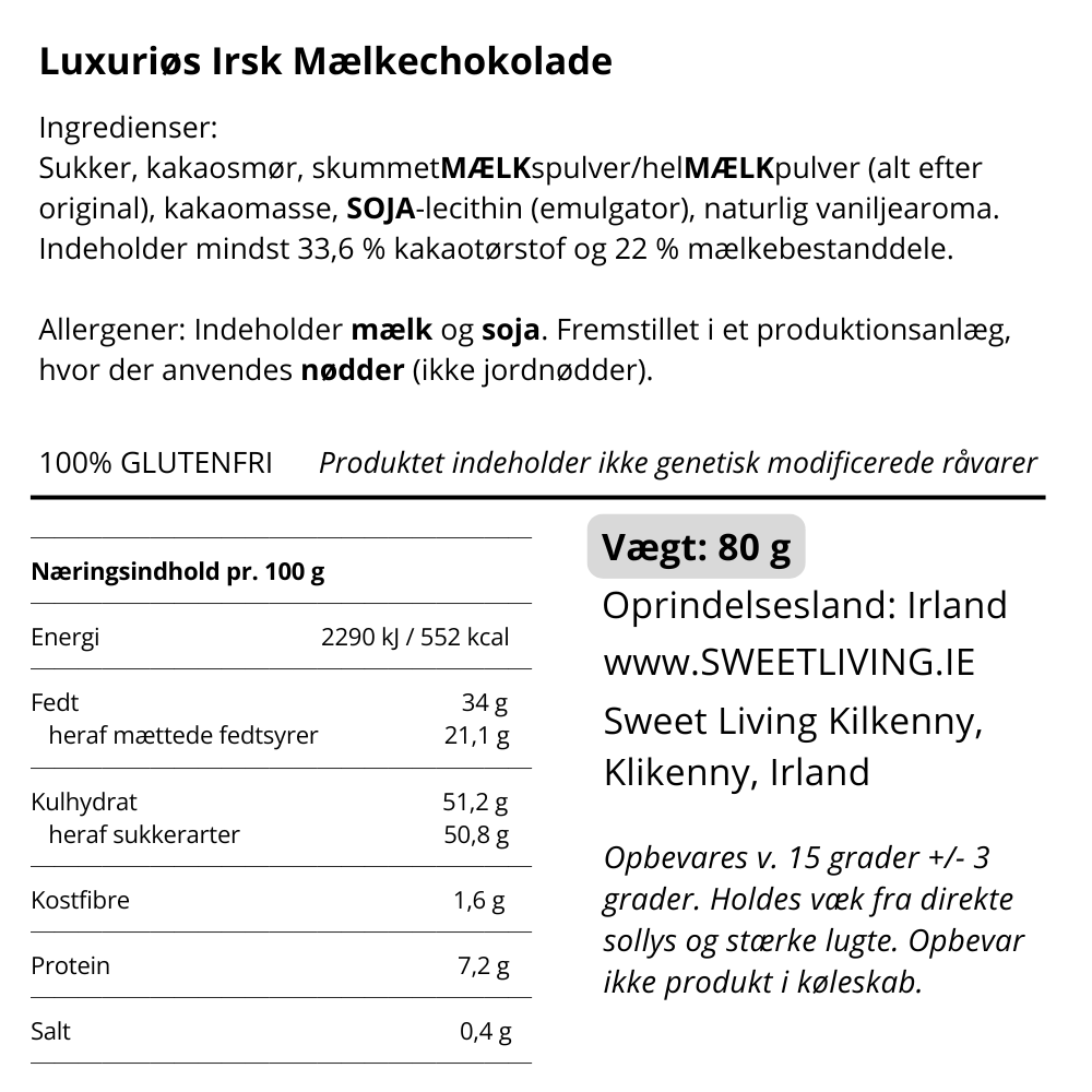 Ingrediensliste og næringsindhold for luksuriøs irsk mælkechokolade fra Sweet Living til fars dags gaver.