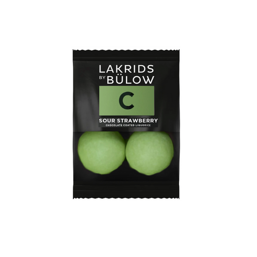 Flowpack fra Lakrids by Bülow med smag af friske, syrlige, grønne jordbær. Rød chewy lakrids og hvid chokolade.