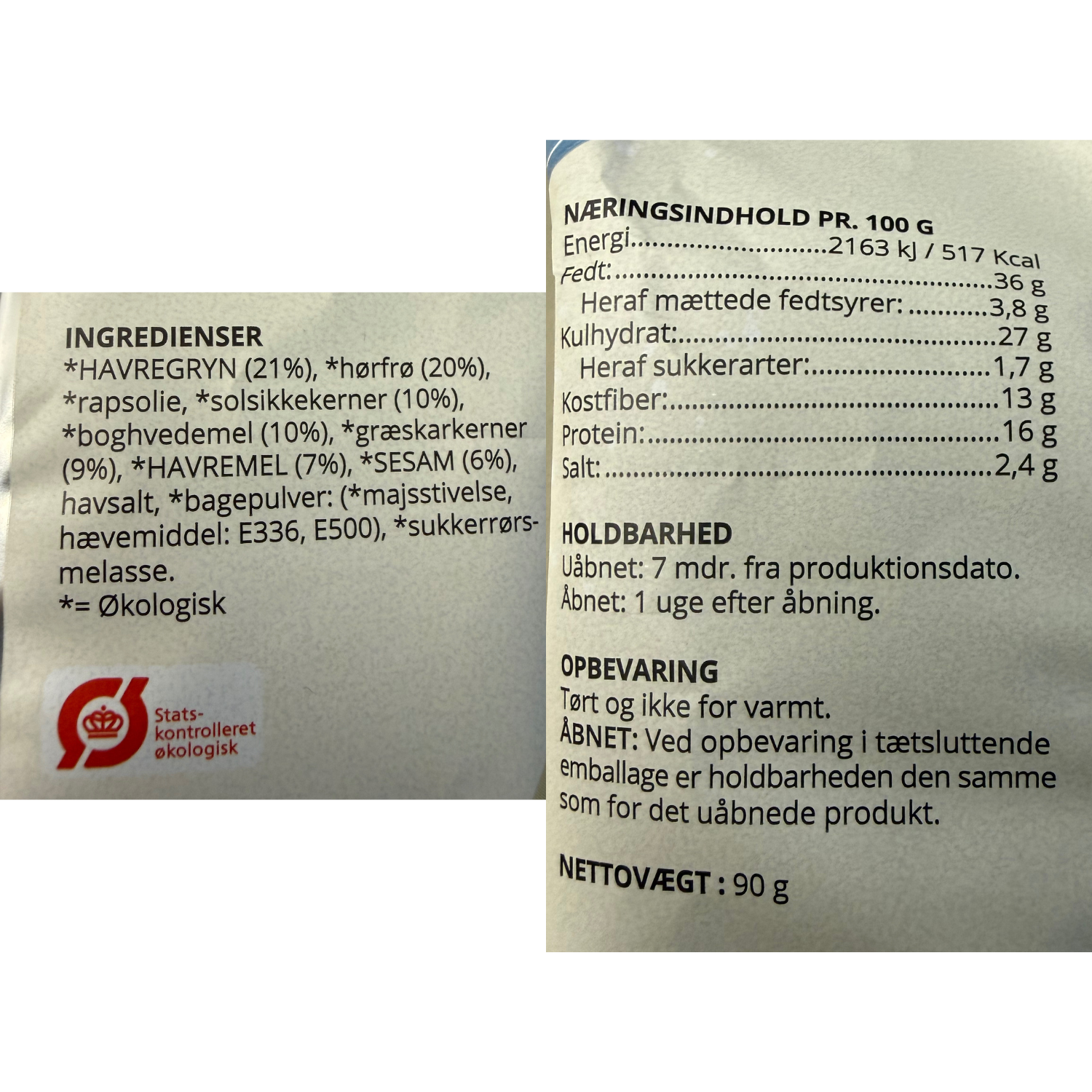 Næringsindhold og ingrediensliste på emballagen for økologiske delikatesser fra Løgismose eller Bülow.
