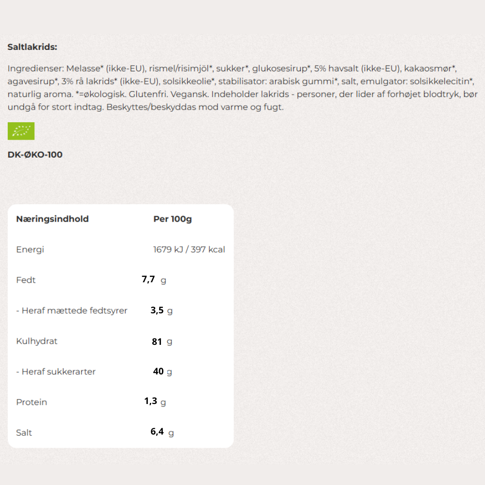 Ingrediensliste og næringsindhold for Lakrids by Bülow Salty saltlakrids på dansk.
