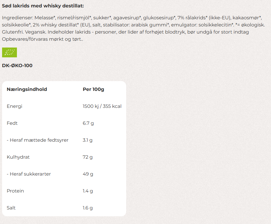 Næringsindhold og ingrediensliste for Lakrids by Bülow sød lakrids med Stauning Whisky destillat.