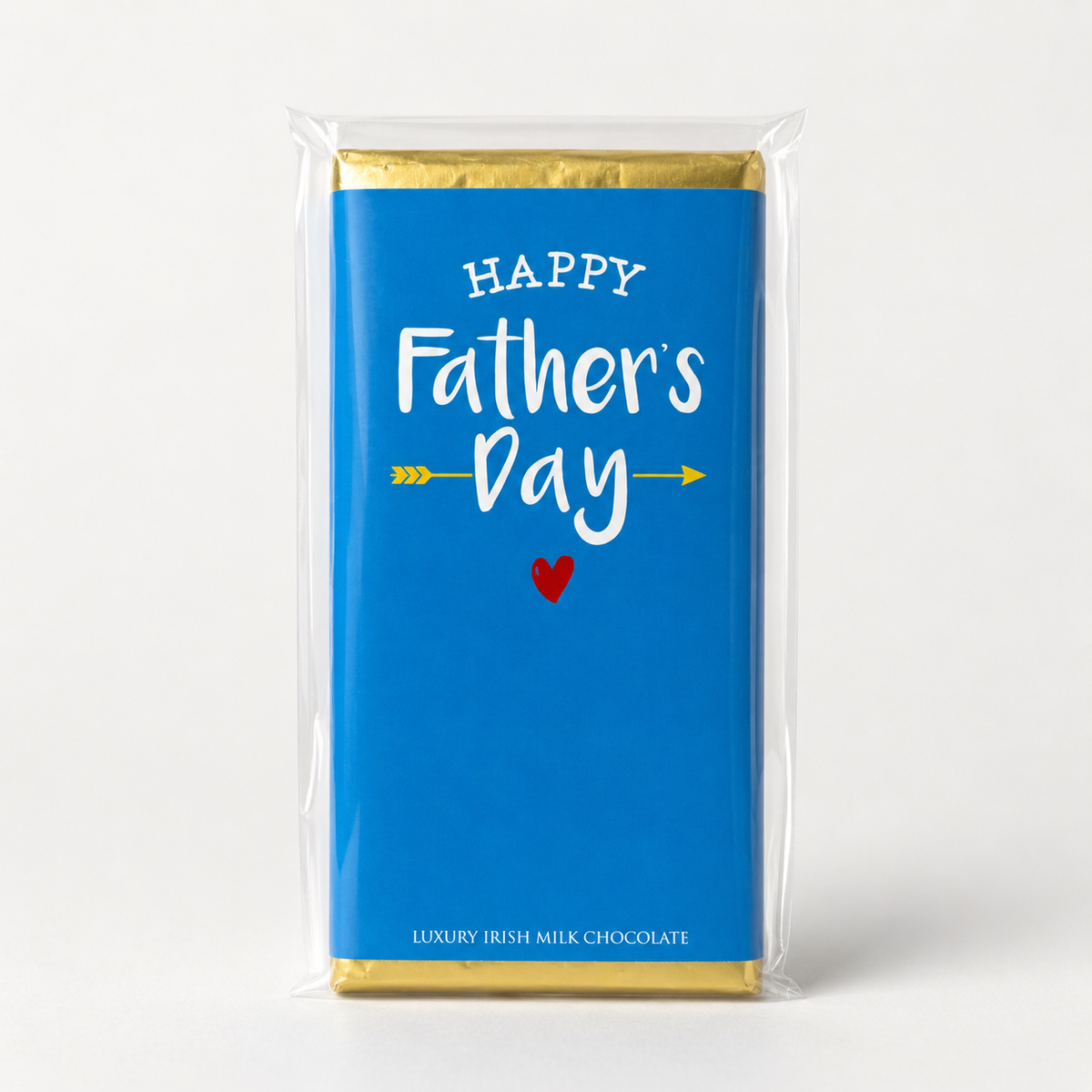 Budskabschokolade “Happy Father’s Day” med belgisk mælkechokolade og blåt gave-design med hjerte.