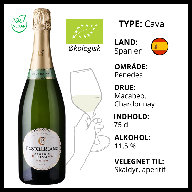 Castellblanc Organic Cava Brut Nature fra Spanien, velegnet til skaldyr og aperitif.