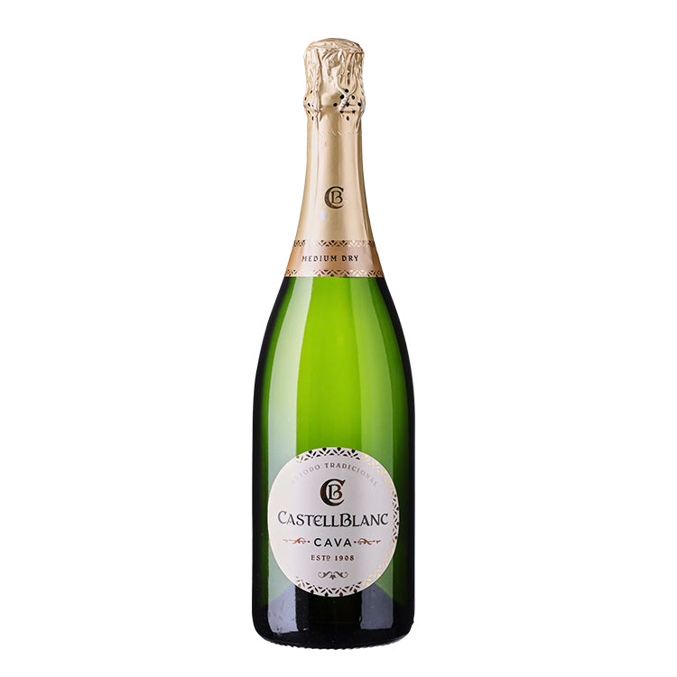 Flaske med Castellblanc Cava Medium Dry mousserende vin fra Delikatessehuset.