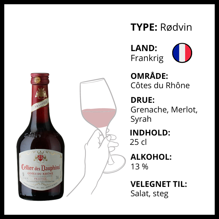 Cellier des Dauphins Prestige rødvin fra Côtes du Rhône med druerne Grenache, Merlot og Syrah.