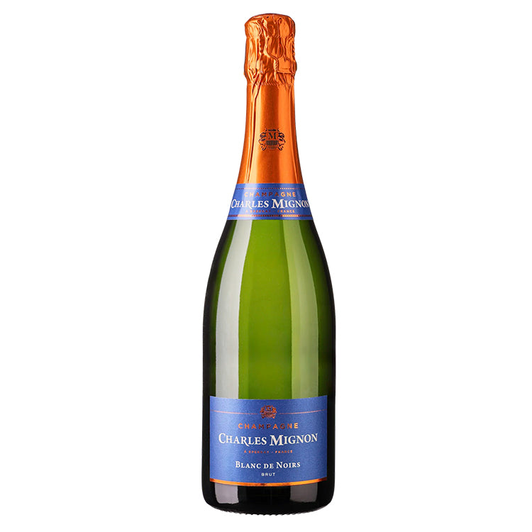 Flaske med Charles Mignon Champagne Blanc de Noirs Brut mousserende vin til delikatesse.