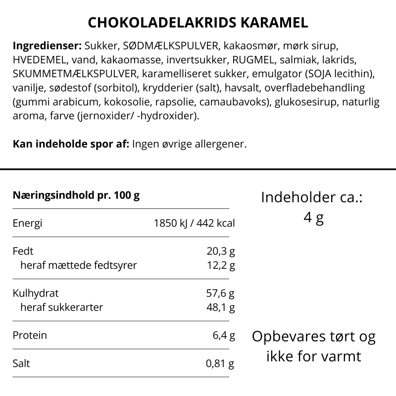 Ingrediensliste og næringsindhold for chokoladelakrids karamel til gavekurve fra Delikatessehuset.