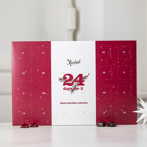 Delevenlig chokoladejulekalender fra Xocolatl med to stykker chokolade bag hver låge. Bestil online hos Delikatessehuset