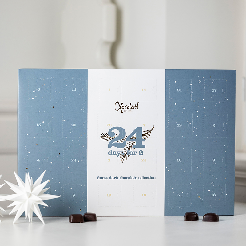 Chokoladejulekalender med mørk chokolade fra Xocolatl