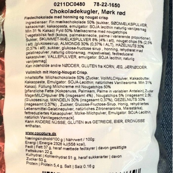 Chokoladekugle | Chokolade med honning & nougat crisp - rød