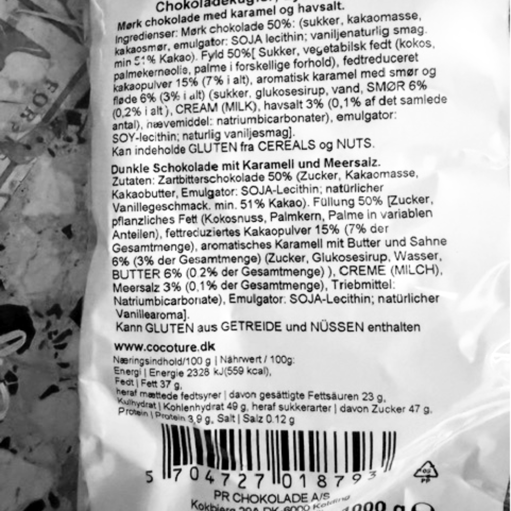 Ingrediensliste og næringsindhold for Cocoture chokoladekugler med mørk chokolade, karamel og havsalt.