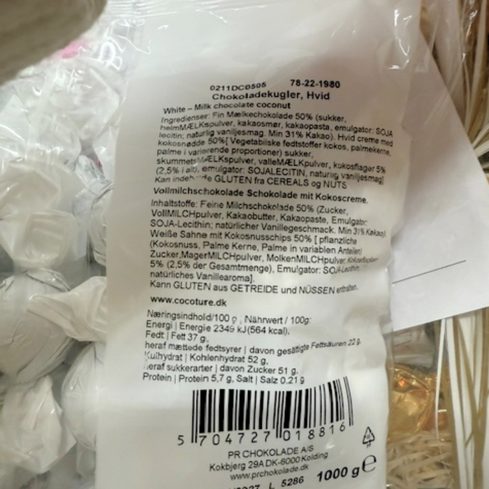 STORKØB 1 kg Cocoture Chokoladekugler | Mælkechokolade m. kokos - Hvid