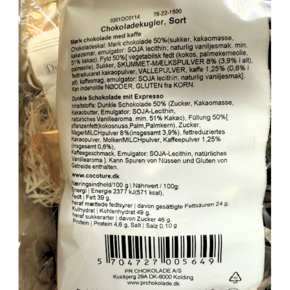 Næringsdeklaration og ingrediensliste for Cocoture sorte chokoladekugler med mørk chokolade og kaffe.