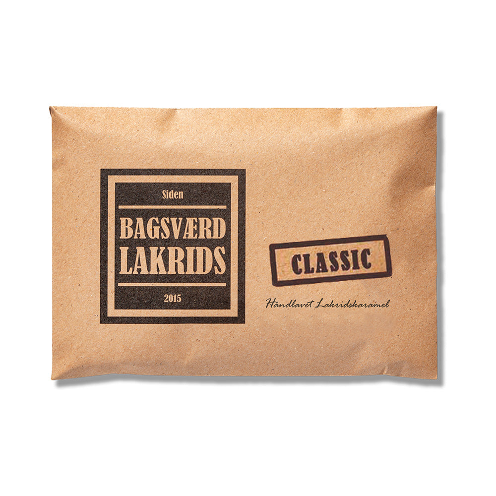 Bagsværd Lakrids Classic håndlavet lakridskaramel i brun papiremballage fra Delikatessehuset.
