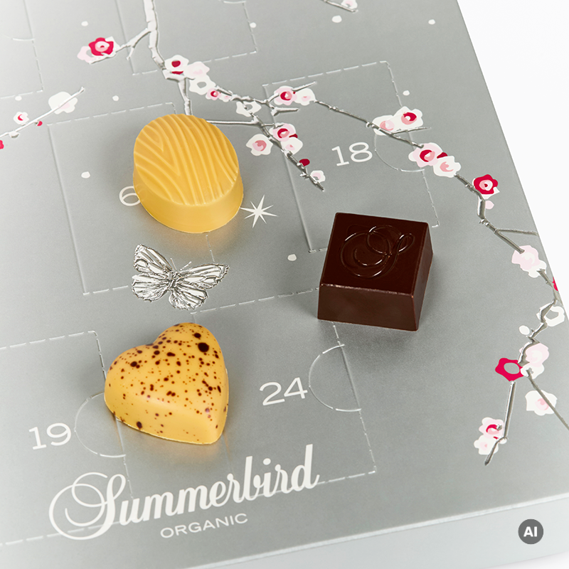 Eksklusiv Summerbird julekalender, der kombinerer mørk og Amber chokolade i fyldte varianter og sæsonfavoritter.
