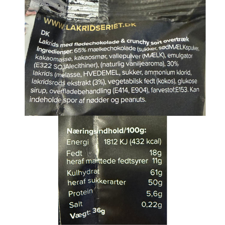 Ingrediensliste og næringsindhold for Lakridseriet lakrids med flødechokolade og crunchy sort overtræk.