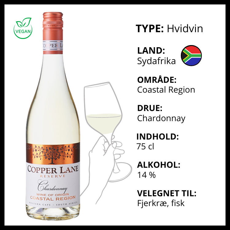 Copper Lane Reserve Chardonnay hvidvin fra Sydafrika med information om drue, alkohol og velegnet mad.