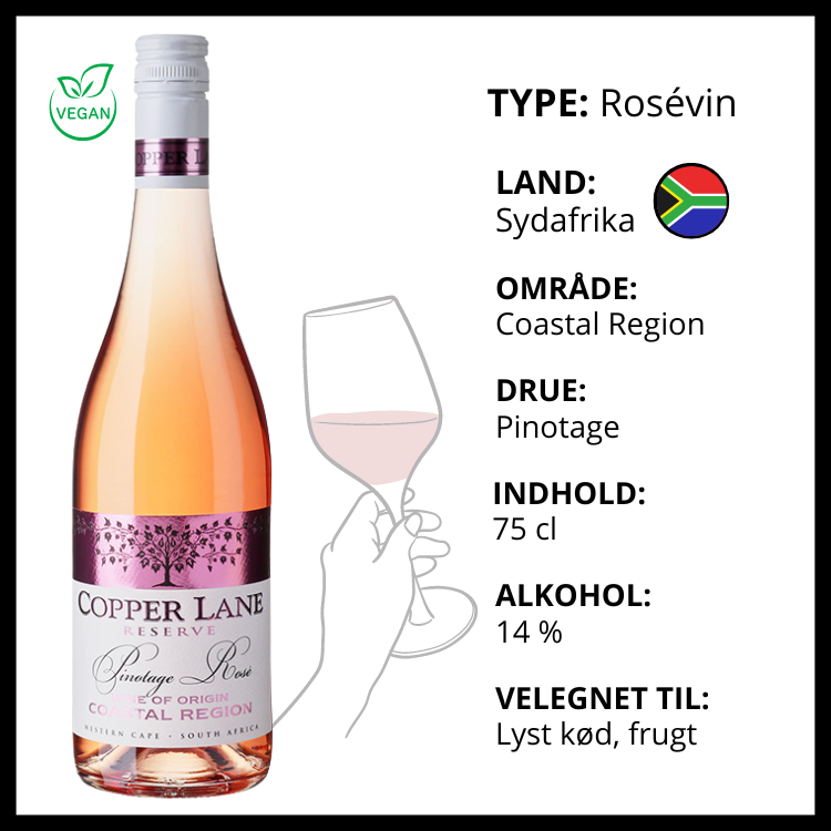 Copper Lane Reserve Pinotage Rosé fra Sydafrika med info om drue og smagsnoter.