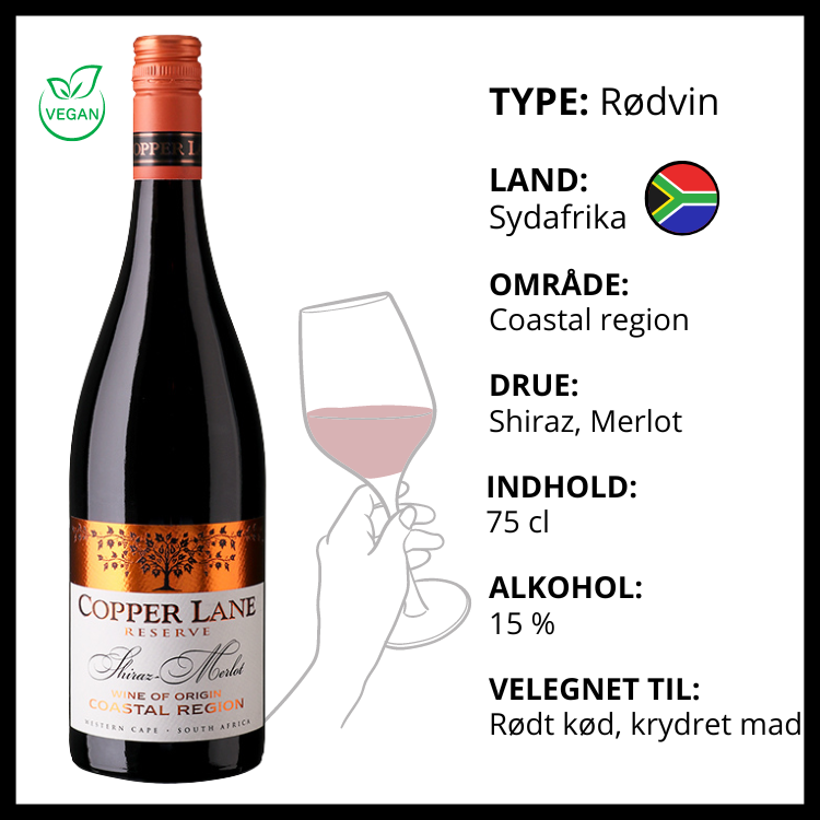 Copper Lane Reserve Shiraz Merlot vegansk rødvin fra Sydafrika i 75 cl flaske.
