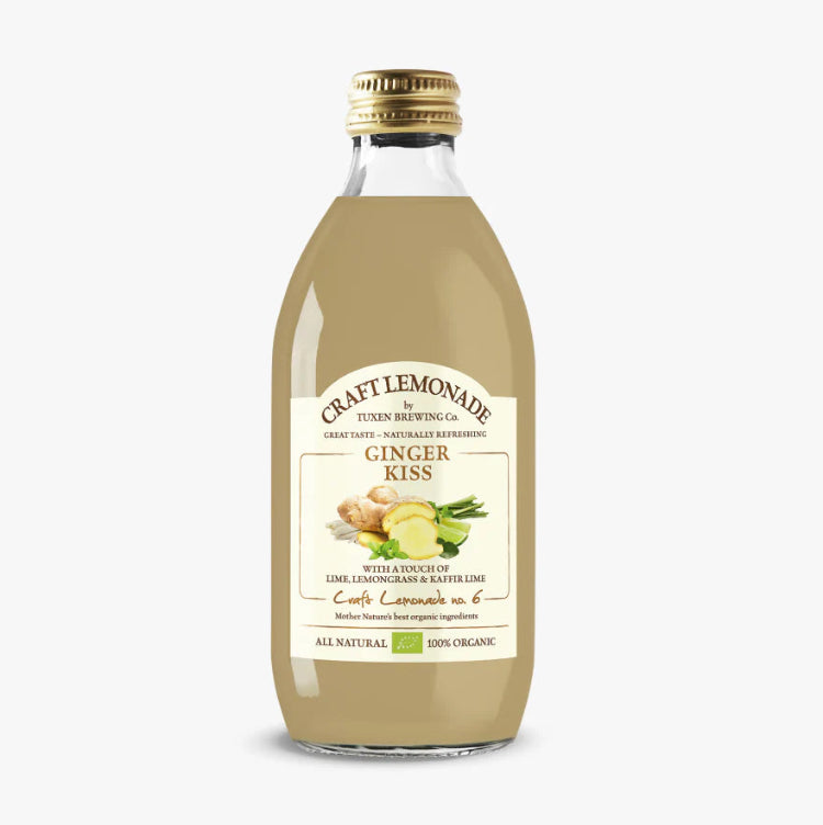 Økologisk Craft Lemonade Ginger Kiss fra Tuxen Brewing Co. med ingefær, lime og citrongræs.