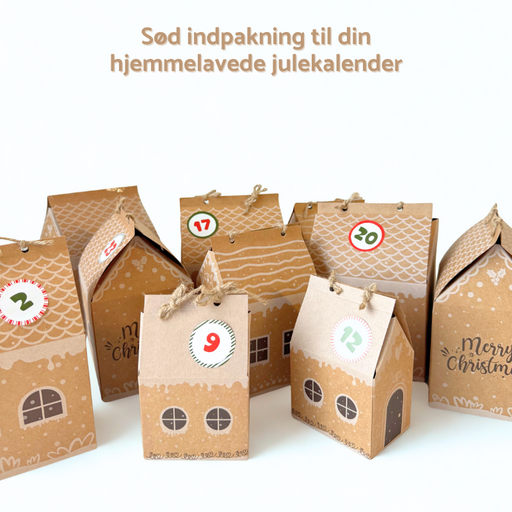 Hjemmelavet pakkekalender i sødt julehus-design med jutesnor og tal fra 1–24