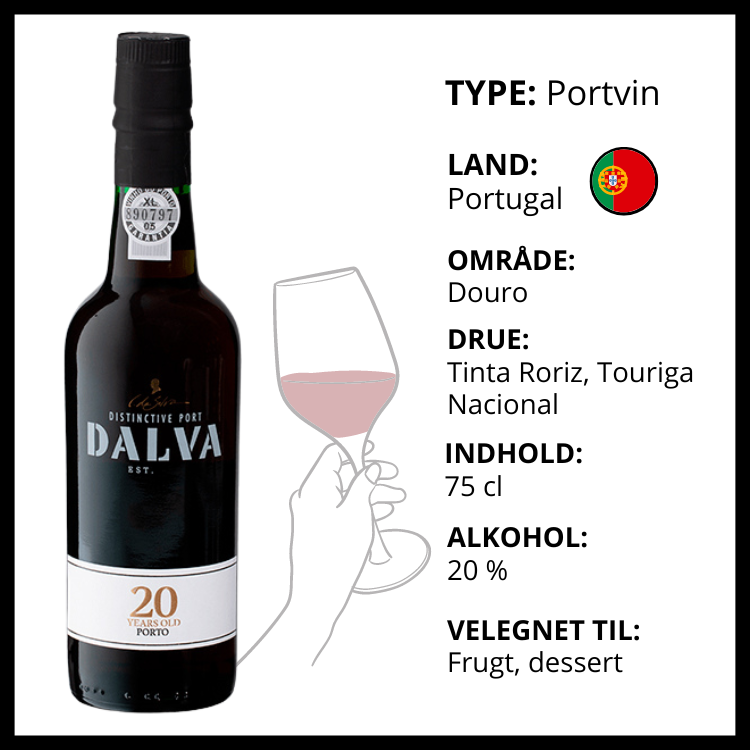 Dalva 20 års Porto portvin fra Portugal med produktinformation om drue og alkoholprocent.