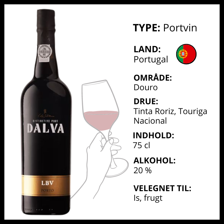 Dalva LBV Portvin fra Portugal med produktinformation om område, druer og velegnede retter.