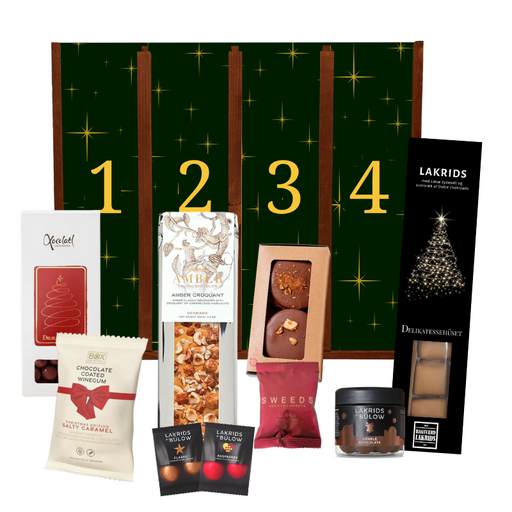 Adventskalender med danske gourmet lækkerier fra bl.a. Summerbird, Lakrids by Bülow, Bagsværd Lakrids, Xocolatl, Anker Chokolade og Box the Original
