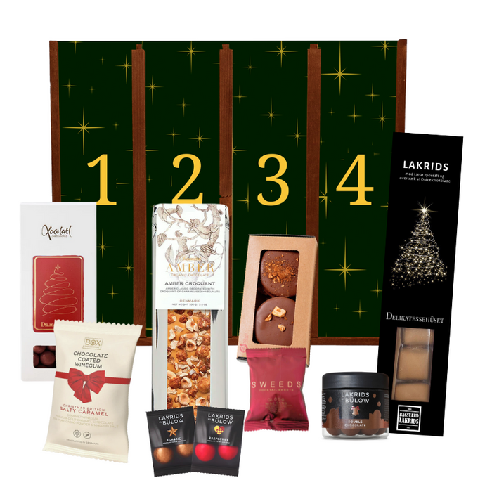 Adventskalender med danske gourmet lækkerier fra bl.a. Summerbird, Lakrids by Bülow, Bagsværd Lakrids, Xocolatl, Anker Chokolade og Box the Original