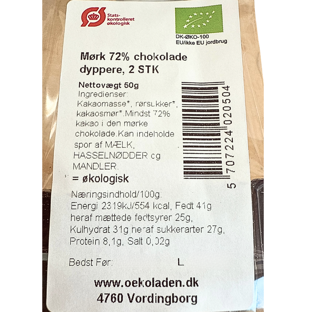 Næringsdeklaration og ingrediensliste på økologiske mørke chokolade dyppere fra Elmelund Chocolatier.
