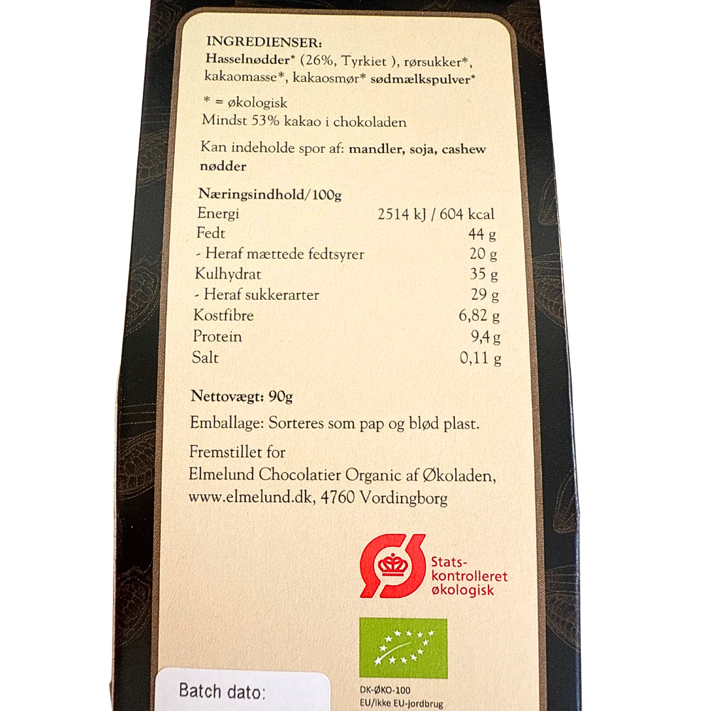 Næringsindhold og ingrediensliste for Elmelund Chocolatier økologiske dragé hasselnødder med chokolade.