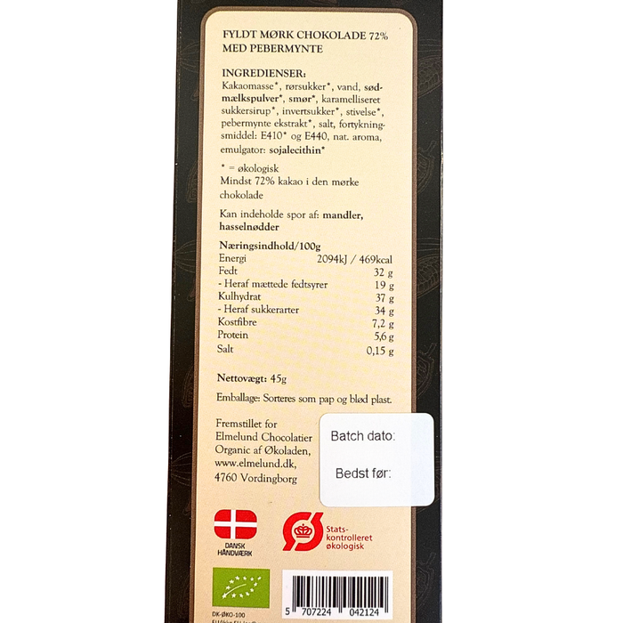 Chokoladeplade, mørk chokolade med flydende pebermynte (økologisk)