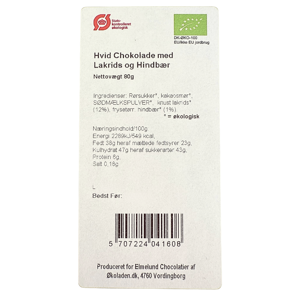 Bagside af Elmelund økologisk hvid chokolade med lakrids og hindbær med ingredienser og næringsindhold.
