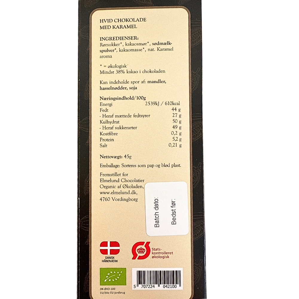 Bagside af Elmelund Chocolatier hvid chokolade med karamel visende ingredienser og økologimærker.