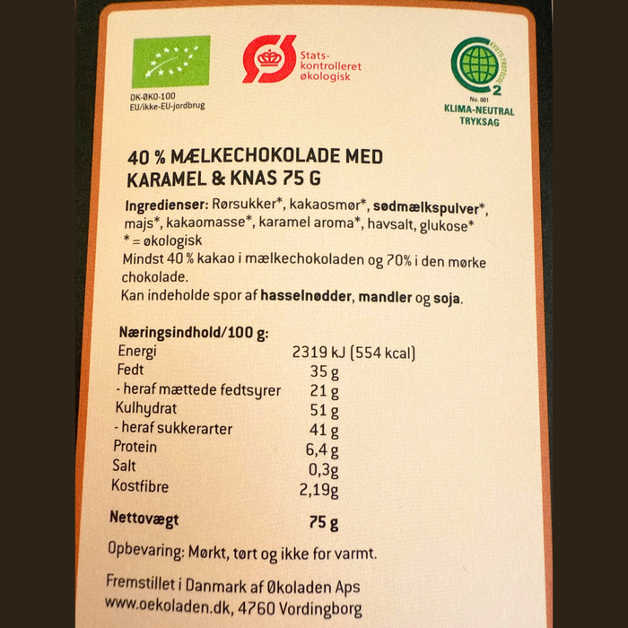 Chokoladeplade, 40 % mælkechokolade med karamel og knas - Økoladen