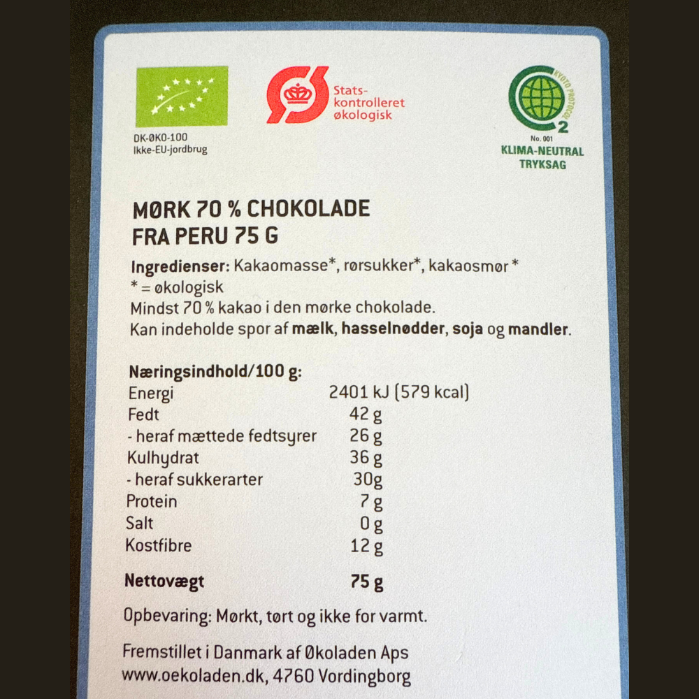 Chokoladeplade, Mørk Chokolade 70 % - Økoladen