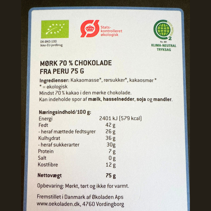 Chokoladeplade, Mørk Chokolade 70 % - Økoladen