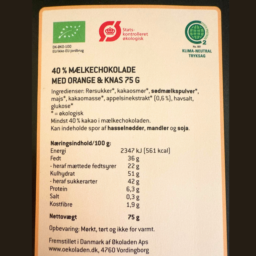 Chokoladeplade, 40 % mælkechokolade med orange og knas - Økoladen