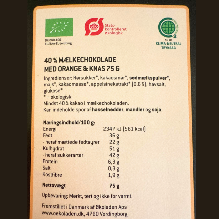 Chokoladeplade, 40 % mælkechokolade med orange og knas - Økoladen