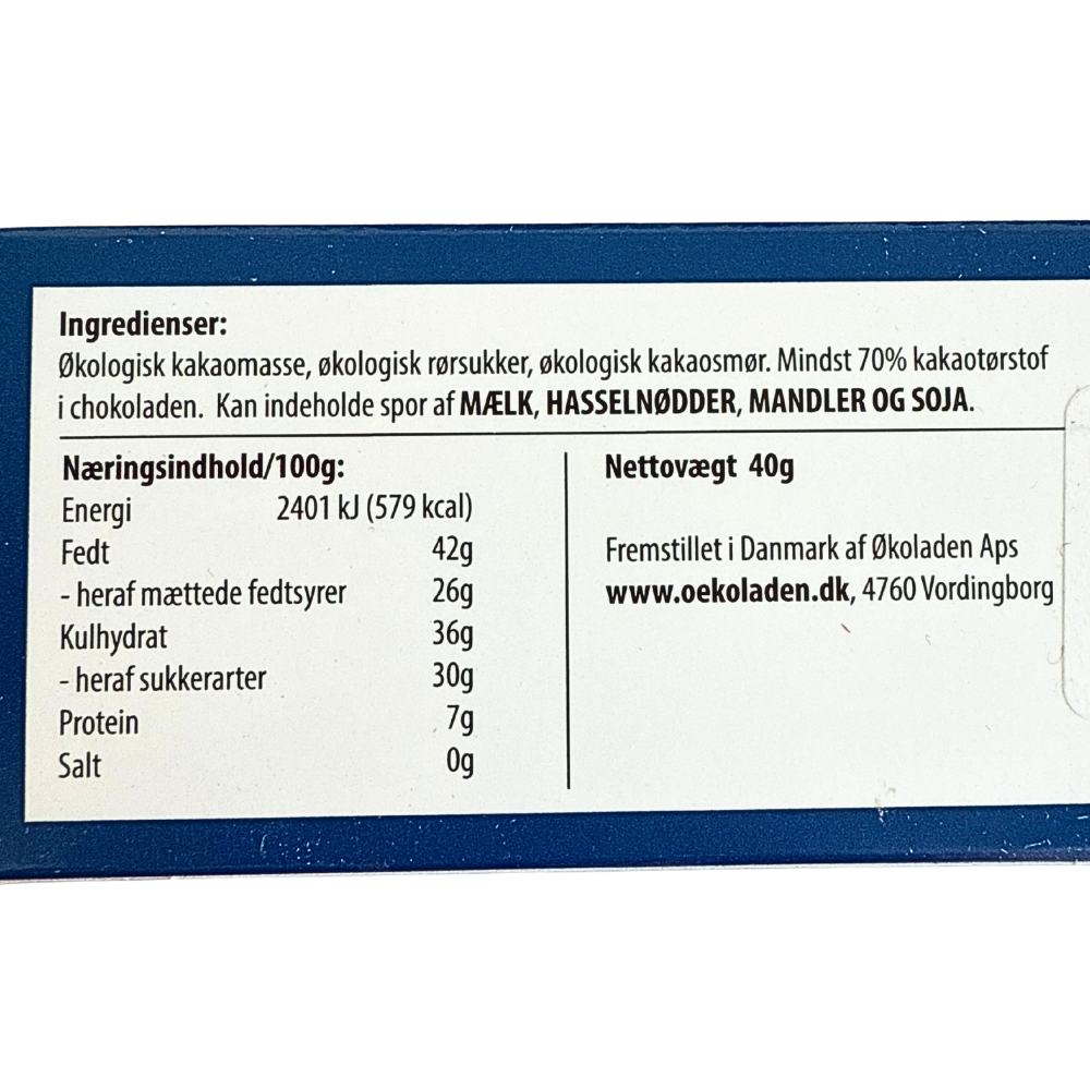 Ingrediensliste og næringsindhold for økologisk mørk pålægsschokolade fra Elmelund Chocolaterie.