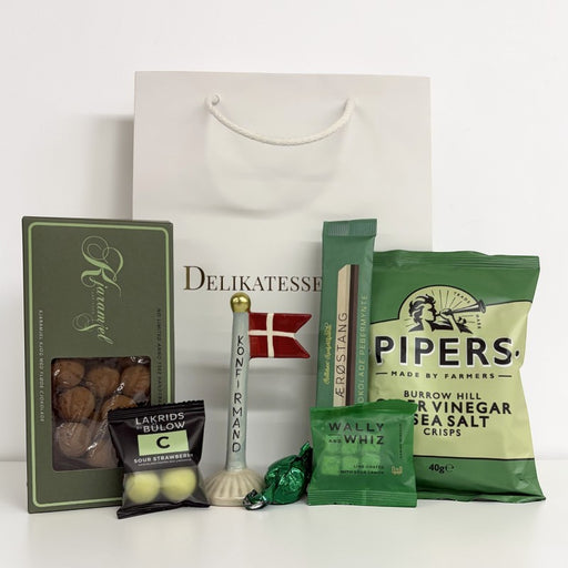 Grøn konfirmand gavepose m. snacks