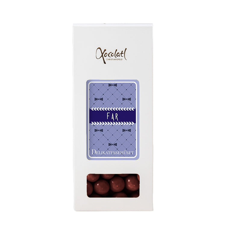 Gaveæske med chokoladekugler til far fra Xocolatl hos Delikatessehuset.